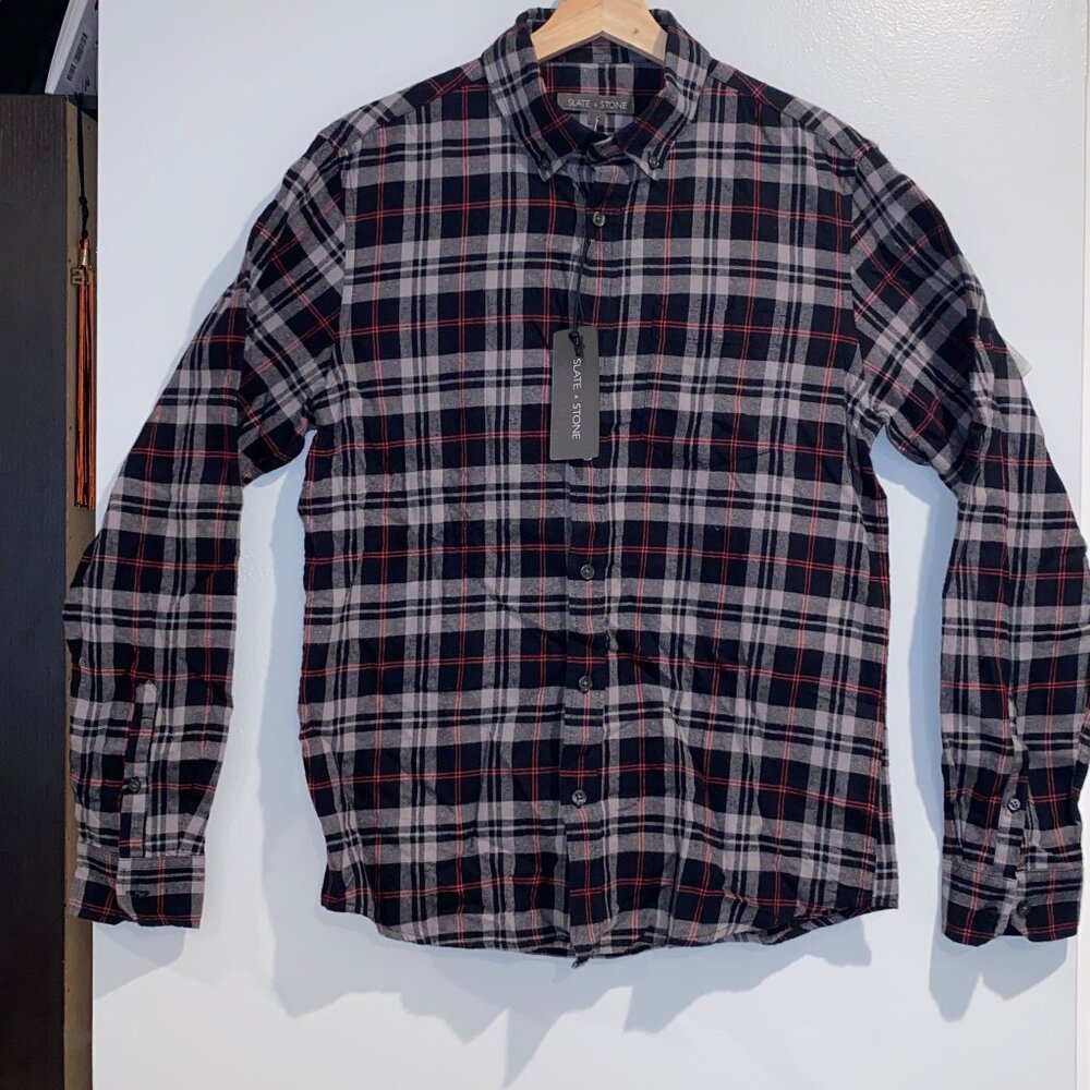 Slate and Stone Mens Plaid Cotton Flannel Button Down Small Red Black Fall Cold